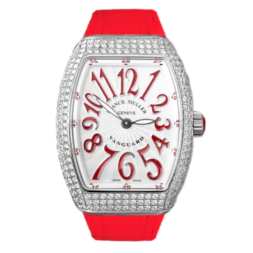 Đồng Hồ Franck Muller Lady Vanguard V32 Custom Diamonds Cọc Số Đỏ Dây Đeo Đỏ
