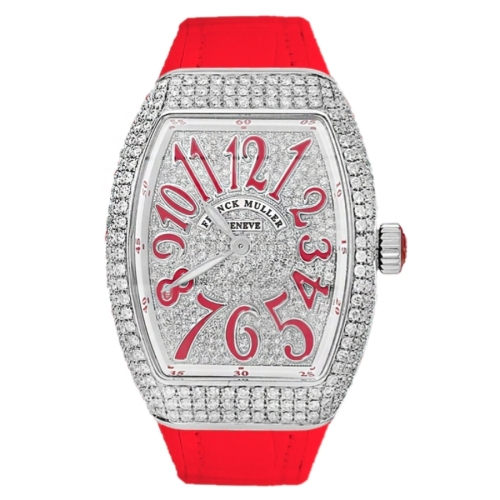 Đồng Hồ Franck Muller Lady Vanguard V32 Custom Full Diamonds Cọc Số Đỏ Dây Đeo Đỏ