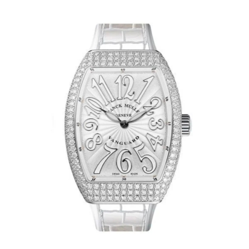 Đồng Hồ Franck Muller Lady Vanguard V32 White Custom Full Diamonds Cọc Số Trắng Dây Đeo Trắng