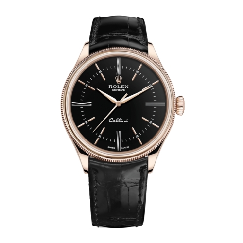 Đồng Hồ Rolex Cellini Time 50505-0009 Mặt Số Đen Dây Đeo Da 39mm