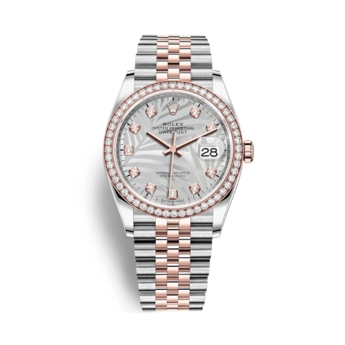 Đồng Hồ Rolex Datejust 36 Mặt Số Lá Cọ Bạc Đính Kim Cương 126281RBR-0025