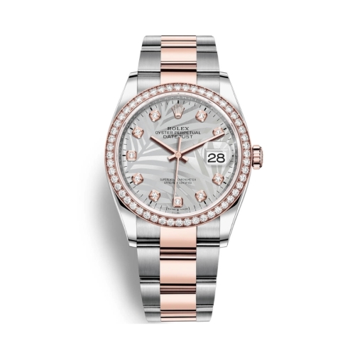 Đồng Hồ Rolex Datejust 36 126281RBR-0026 Mặt Số Lá Cọ Bạc Đính Kim Cương Dây Đeo Oyster Thép Vàng Hồng