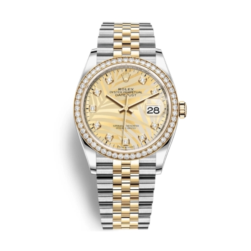 Đồng Hồ Rolex Datejust 36 126283RBR-0029 Mặt Số Lá Cọ Vàng Đính Kim Cương Dây Đeo Jubilee Thép Vàng Vàng