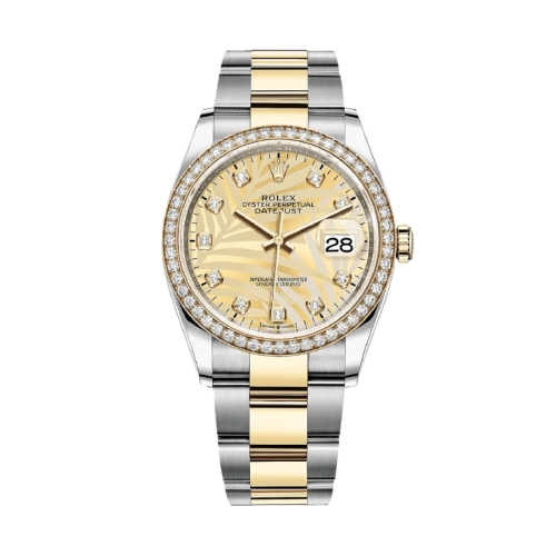 Đồng Hồ Rolex Datejust 36 126283RBR-0030 Mặt Số Lá Cọ Vàng Đính Kim Cương Dây Đeo Oyster Thép Vàng Vàng