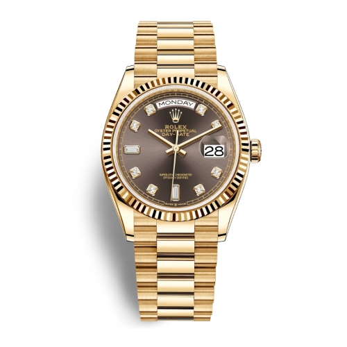 Đồng Hồ Rolex Daydate 36 128238-0022 Mặt Số Màu Ghi Đậm Dây President Vàng Vàng