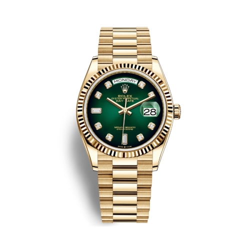 Đồng Hồ Rolex Daydate 36 128238-0069 Mặt Số Xanh Lá Dây President Vàng Vàng
