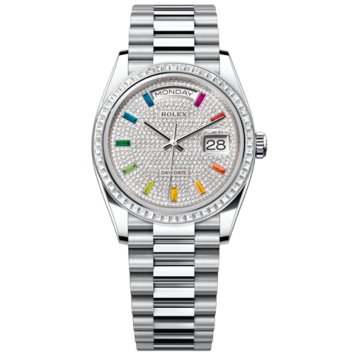 Đồng Hồ Rolex Daydate 36 128396TBR-0006 Mặt Số Kim Cương Màu Bạc Dây Đeo President Thép