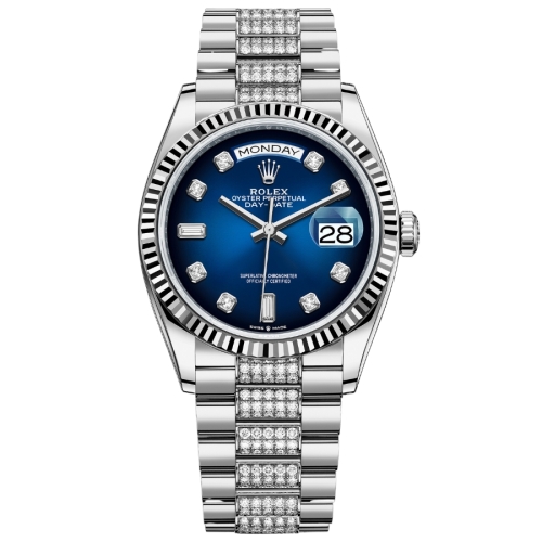 Đồng Hồ Rolex Daydate 36 128396TBR-0008 Mặt Số Xanh Dương Đính Kim Cương Dây Đeo President Vàng Trắng