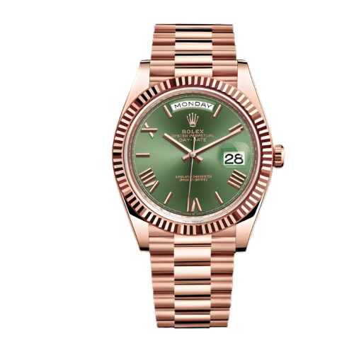 Đồng Hồ Rolex Day-Date 40 228235-0025 Mặt Số Xanh Olive Dây Đeo President Vàng Hồng