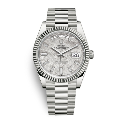 Đồng Hồ Rolex Daydate 40 228239-0055 Mặt Số Đá Thiên Thạch Nạm Kim Cương Dây Đeo President Vàng Trắng