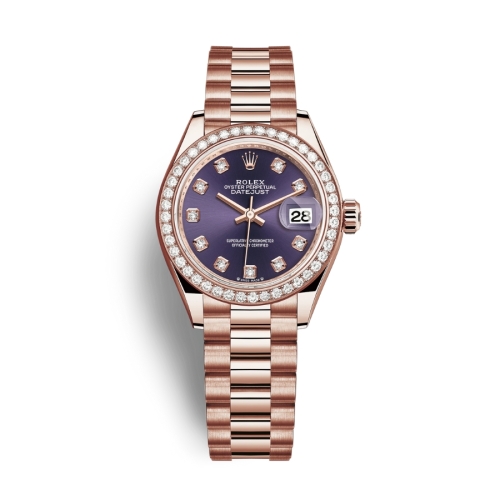 Đồng Hồ Rolex Lady-Datejust 28 279135rbr-0020 Mặt Số Tím Dây Đeo Jubilee Vàng Hồng