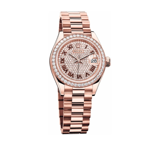 Đồng Hồ Rolex Lady-Datejust 28 279135RBR-0021 Mặt Số Kim Cương Dây Đeo President Vàng Hồng