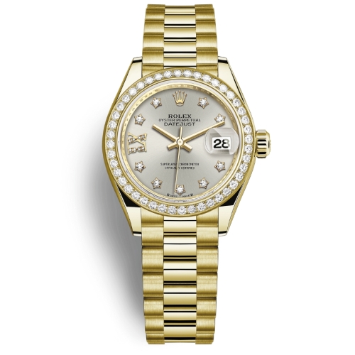 Đồng Hồ Rolex Lady-Datejust 28 279138RBR-0001 Mặt Số Bạc Dây Đeo President Vàng Vàng