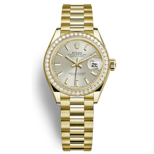 Đồng Hồ Rolex Lady-Datejust 28 279138RBR-0005 Mặt Số Bạc Dây Đeo President Vàng Vàng