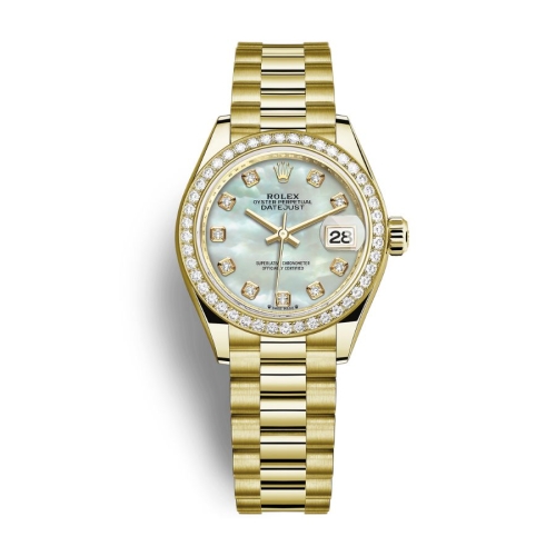 Đồng Hồ Rolex Lady Datejust 28 279138RBR-0015 Mặt Số Vỏ Ngọc Trai Nạm Kim Cương Dây Đeo President Vàng