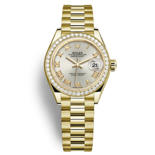 Đồng Hồ Rolex Lady-Datejust 28 279138RBR-0017 Mặt Số Bạc Dây Đeo President Vàng Vàng