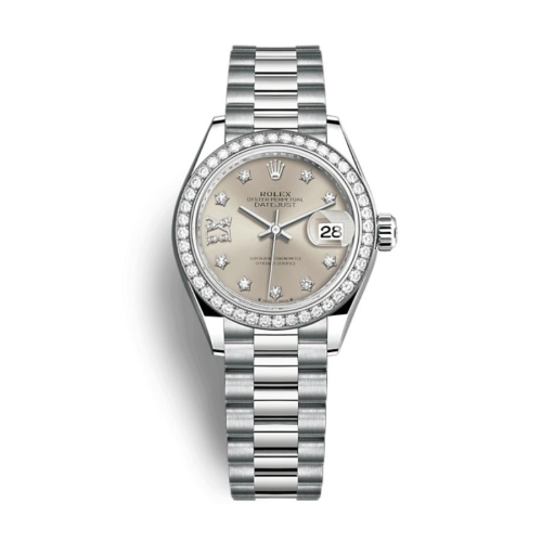 Đồng Hồ Rolex Lady-Datejust 28 279139RBR-0003 Mặt Số Bạc Dây Đeo President Vàng Trắng