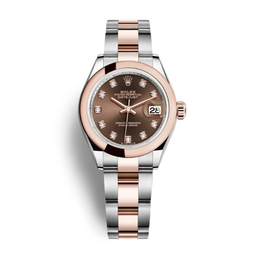 Đồng Hồ Rolex Lady-Datejust 28 279161-0012 Mặt Số Chocolate Dây Đeo Oyster Vàng Hồng Thép
