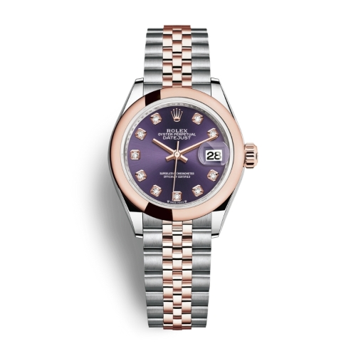 Đồng Hồ Rolex Lady-Datejust 28 279161-0015 Mặt Số Tím Dây Đeo Jubilee Vàng Hồng Thép