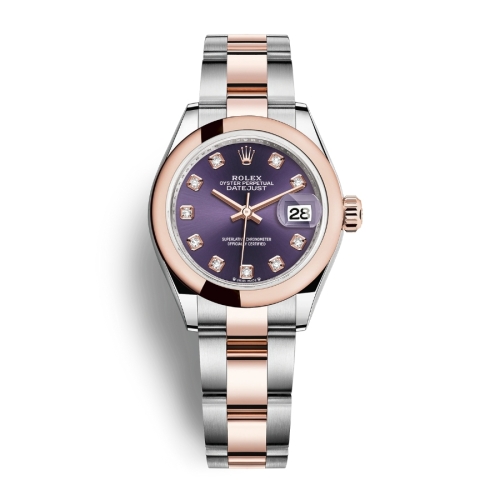 Đồng Hồ Rolex Lady-Datejust 28 279161-0016 Mặt Số Tím Dây Đeo Oyster Vàng Hồng Thép