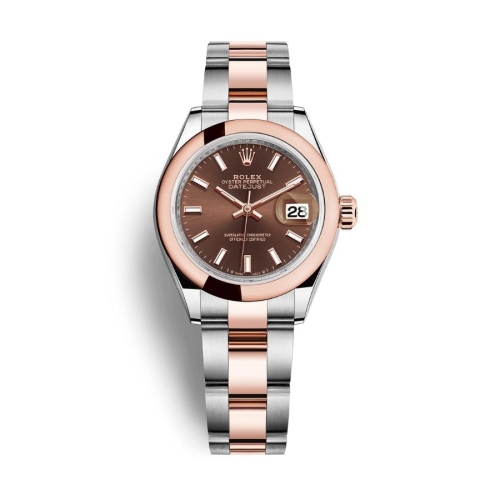 Đồng Hồ Rolex Lady-Datejust 28 279161-0018 Mặt Số Chocolate Dây Đeo Oyster Vàng Hồng Thép