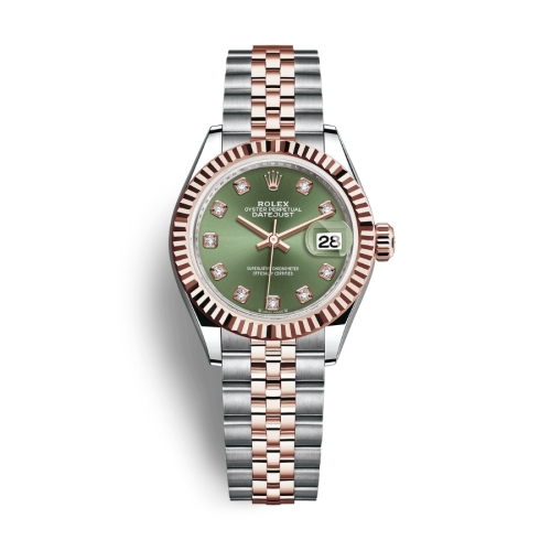 Đồng Hồ Rolex Lady-Datejust 28 279171-0007 Mặt Số Olive Dây Đeo Jubilee Vàng Hồng Thép