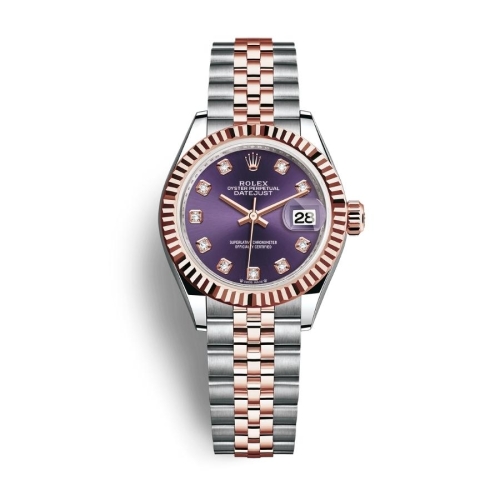 Đồng Hồ Rolex Lady-Datejust 28 279171-0015 Mặt Số Tím Dây Đeo Jubilee Vàng Hồng Thép