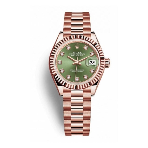 Đồng Hồ Rolex Lady-Datejust 28 279175-0009 Mặt Số Olive Dây Đeo President Vàng Hồng