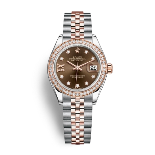 Đồng Hồ Rolex Lady-Datejust 28 279381RBR-0003 Mặt Số Chocolate Dây Đeo Jubilee Thép Vàng Hồng
