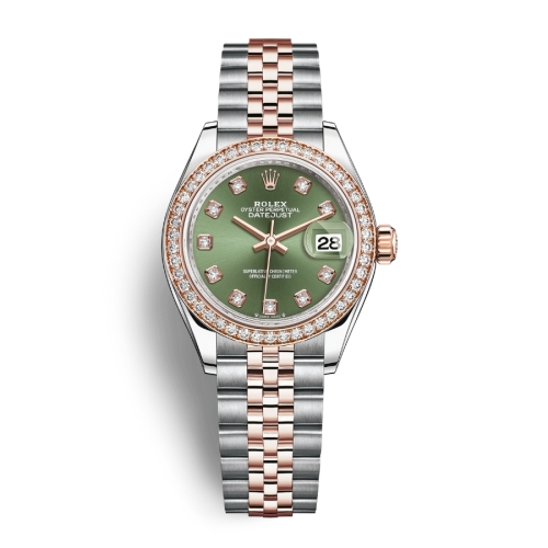 Đồng Hồ Rolex Lady-Datejust 28 279381RBR-0007 Mặt Số Olive Dây Đeo Jubilee Thép Vàng Hồng