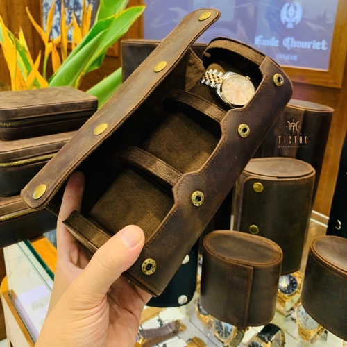 Hộp đựng đồng hồ du lịch DA BÒ thật cao cấp 3 đồng hồ