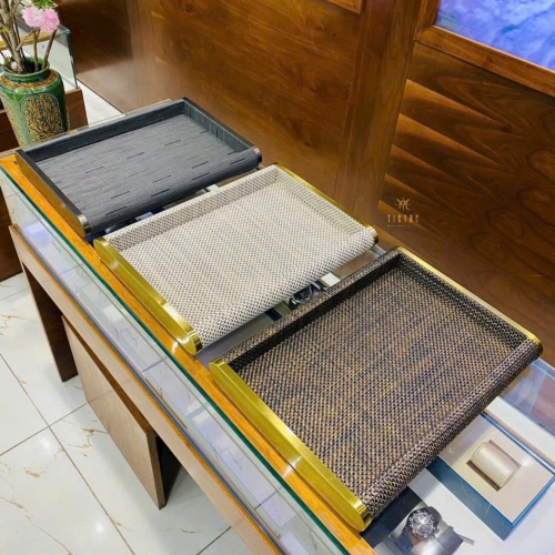 Khay sợi đan cao cấp loại to viền kim loại